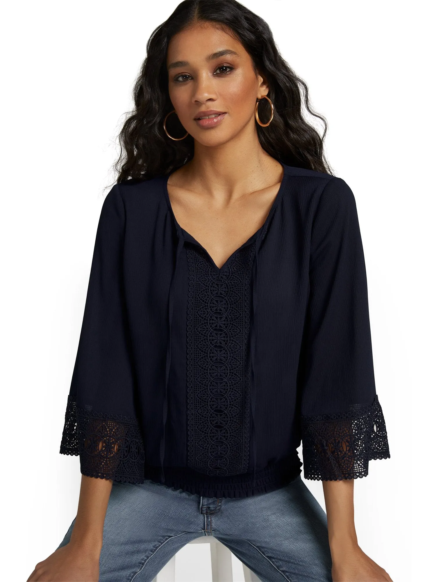 Tie-Neck Eyelet Bell-Sleeve Blouse - Lily & Cali