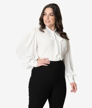 Unique Vintage Plus Size 1940s White Neck Tie Gwen Blouse