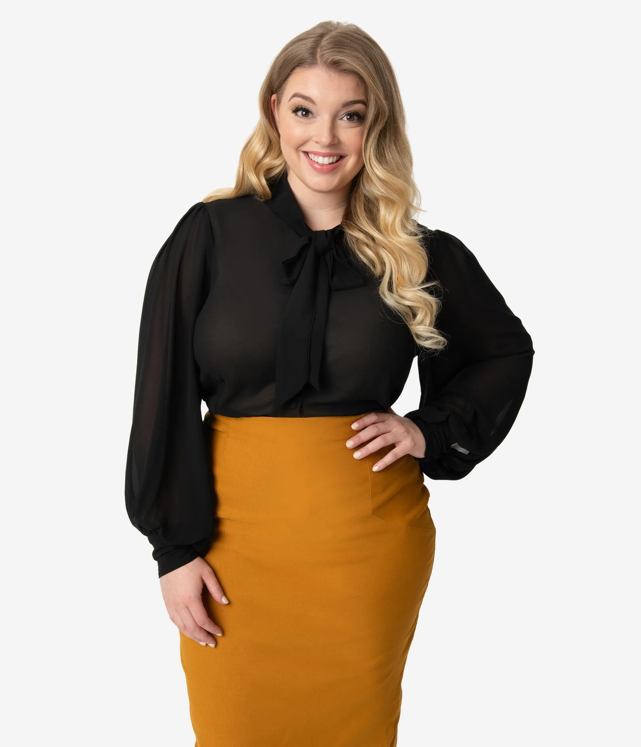 Unique Vintage Plus Size Black Crepe Neck Tie Gwen Blouse