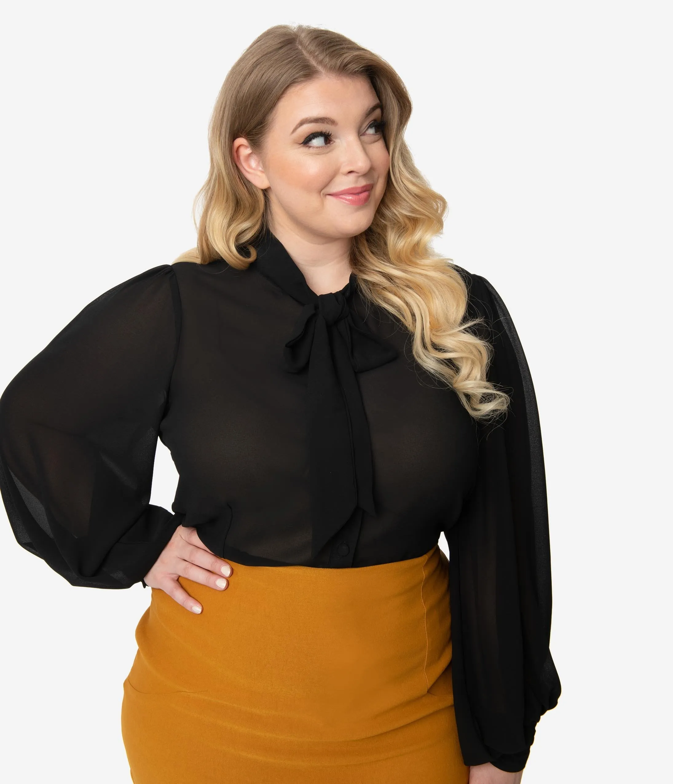 Unique Vintage Plus Size Black Crepe Neck Tie Gwen Blouse