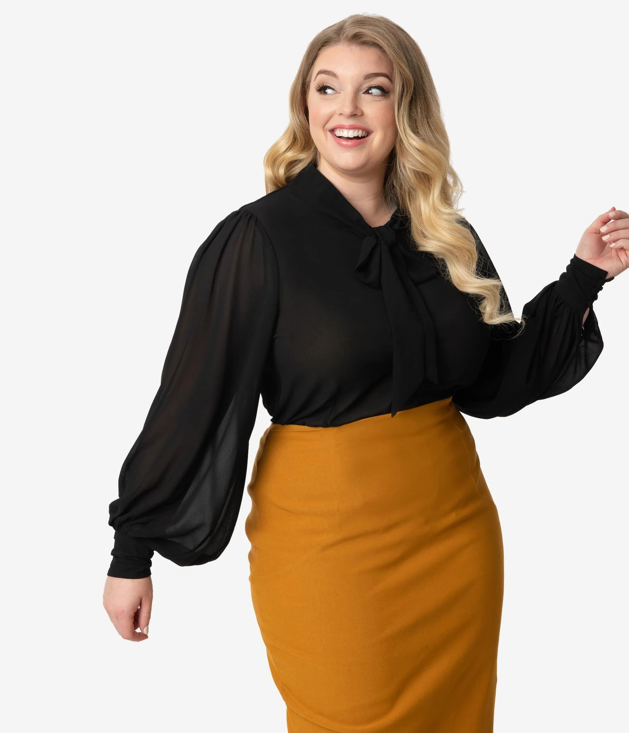 Unique Vintage Plus Size Black Crepe Neck Tie Gwen Blouse