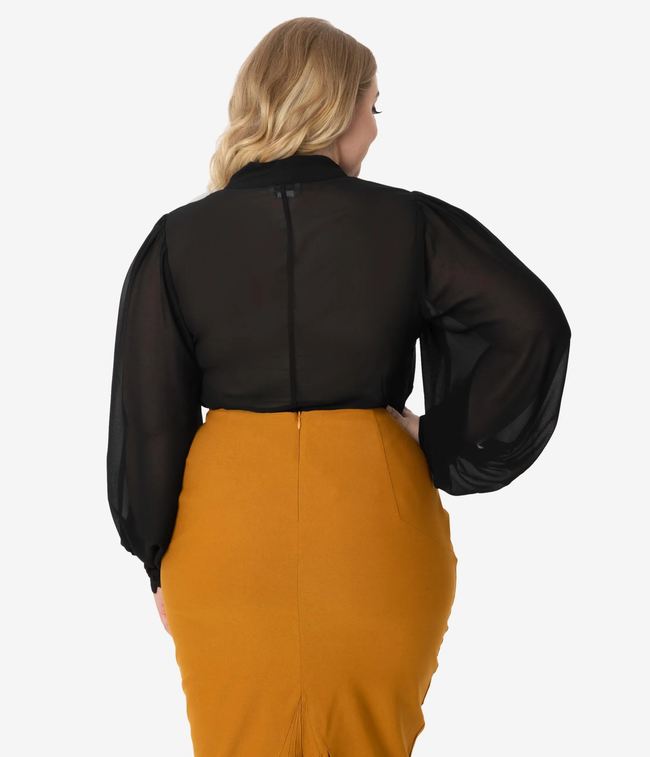 Unique Vintage Plus Size Black Crepe Neck Tie Gwen Blouse