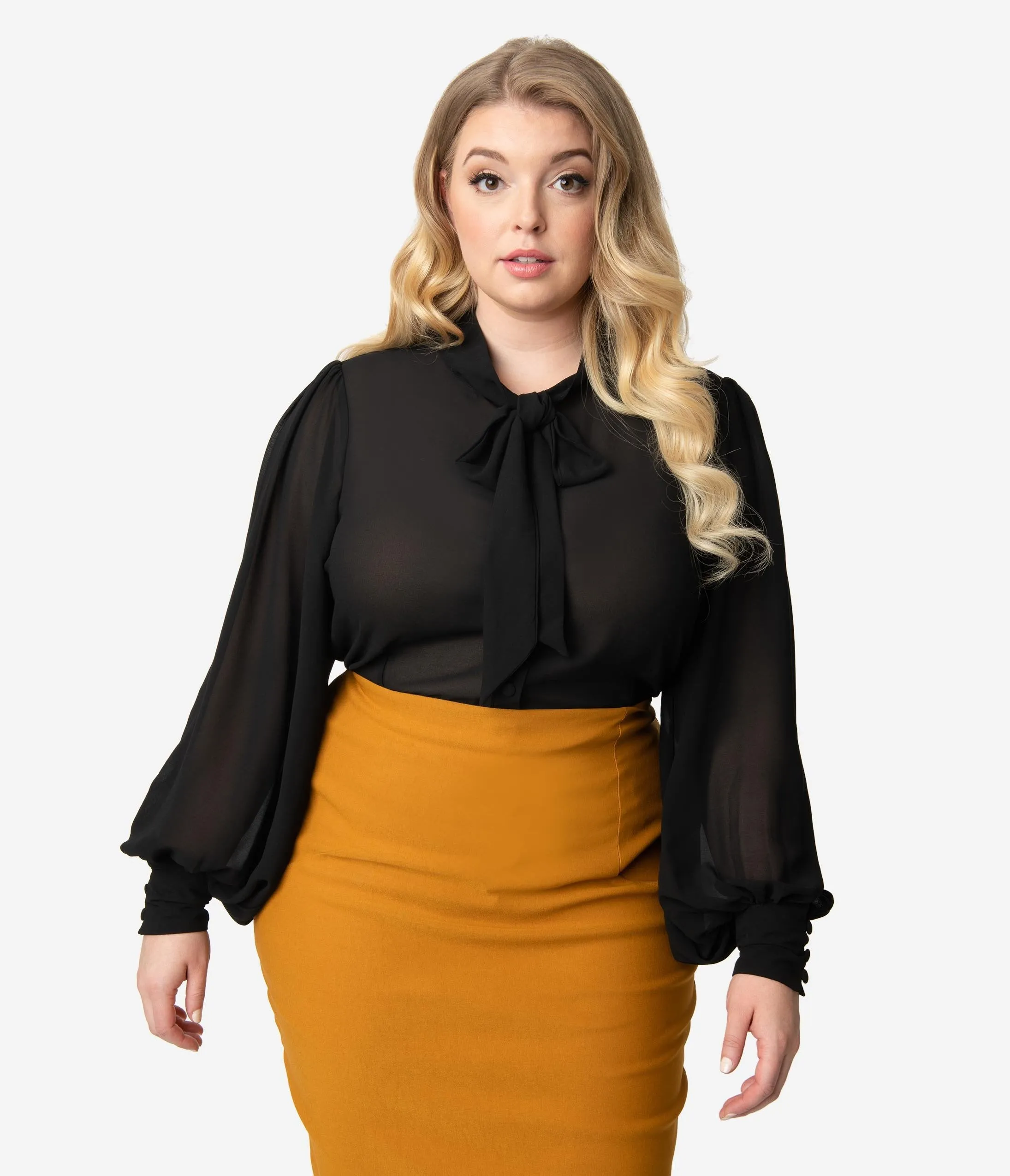 Unique Vintage Plus Size Black Crepe Neck Tie Gwen Blouse