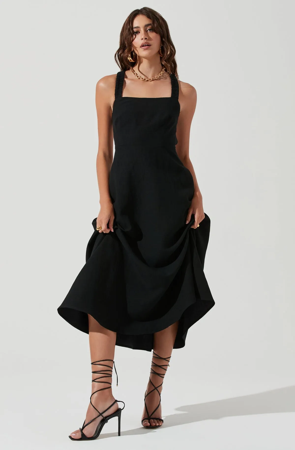 Valenz Square Neck Open Back Midi Dress in Black