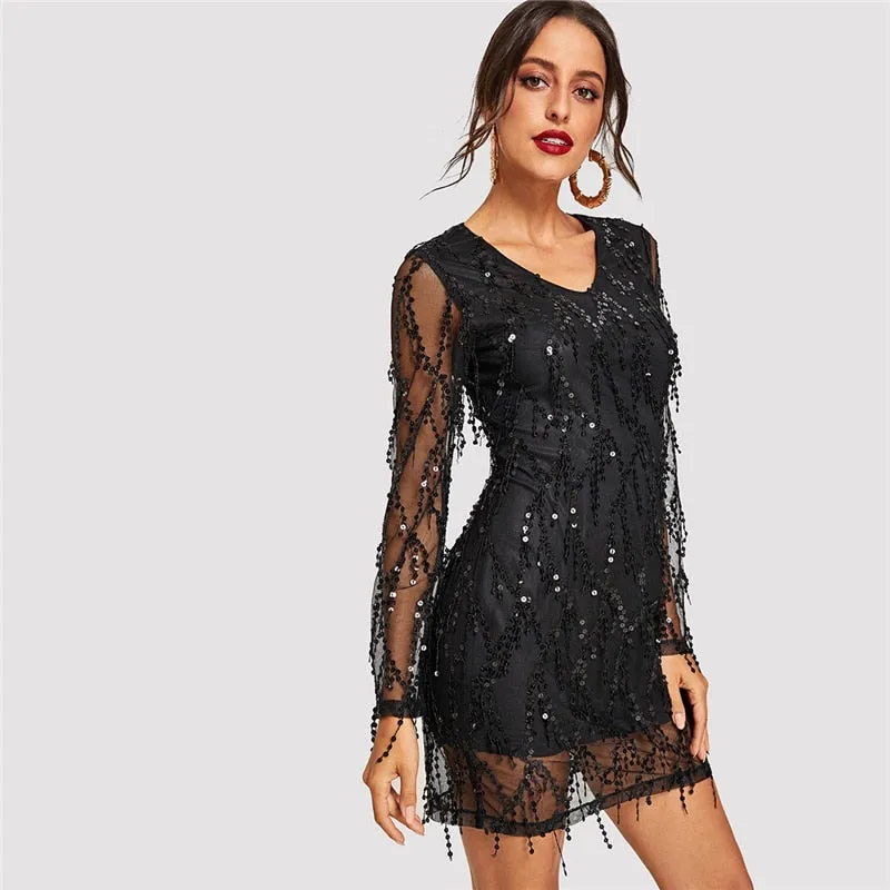 VenusFox Black Sheer Mesh Fringe Party Dress