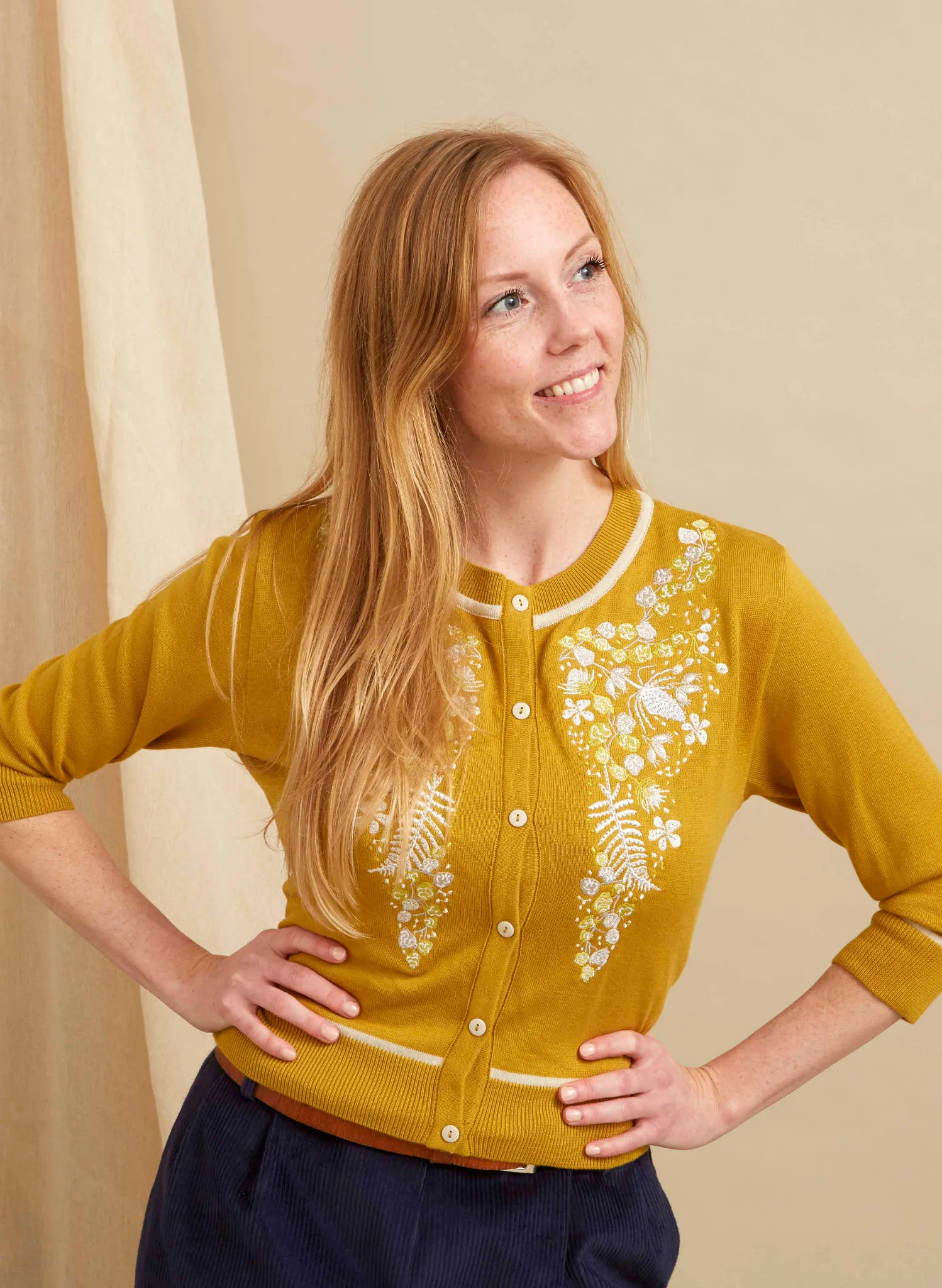 Vera - Mustard White Berries Cardigan