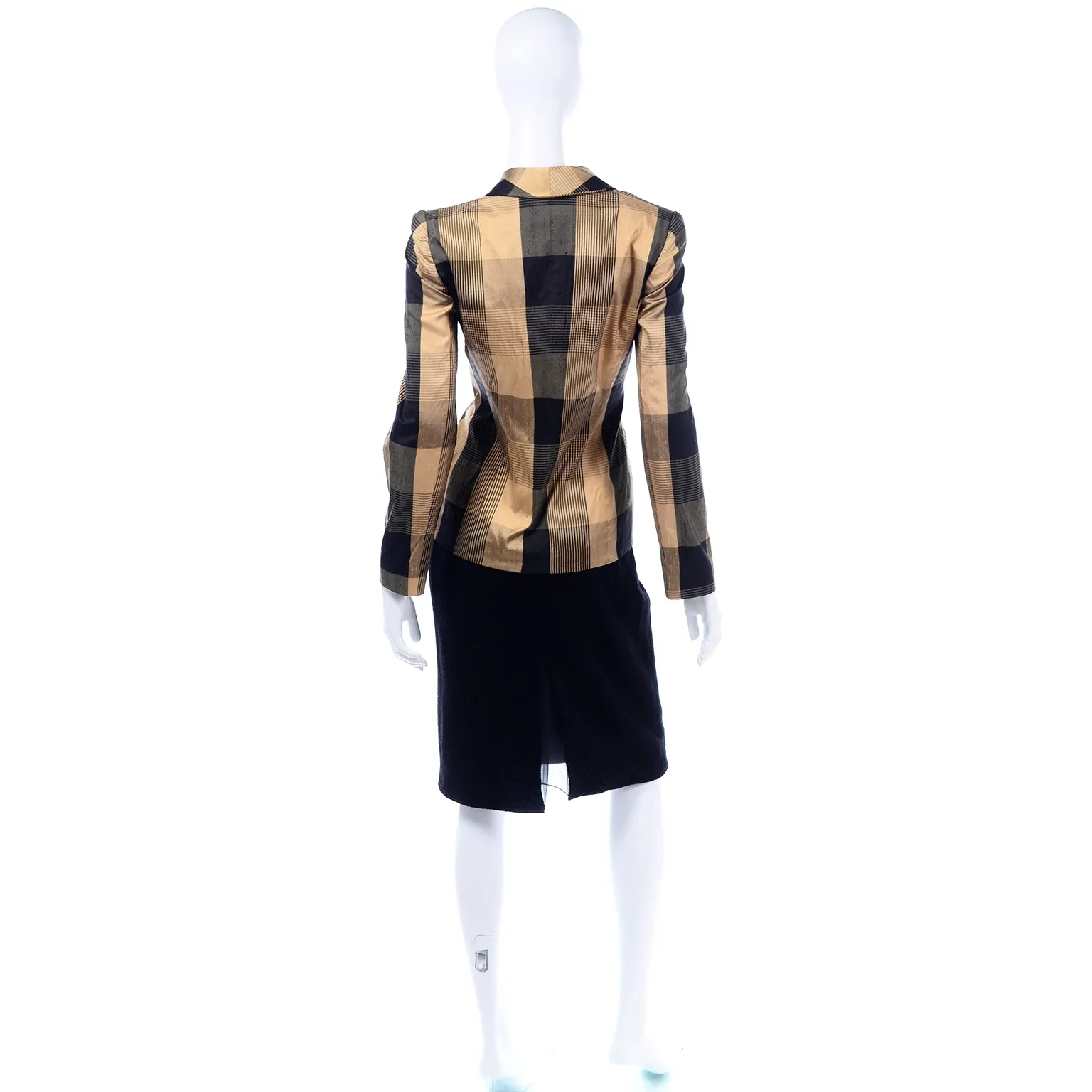 Vintage Valentino Black & Gold Plaid 3pc Skirt Suit w 2 Blazer Options