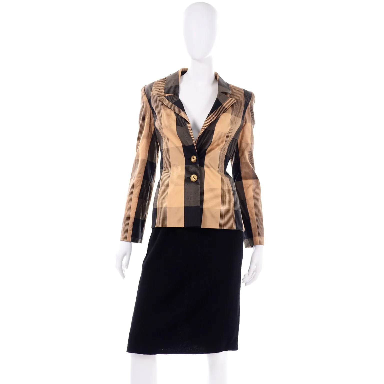 Vintage Valentino Black & Gold Plaid 3pc Skirt Suit w 2 Blazer Options