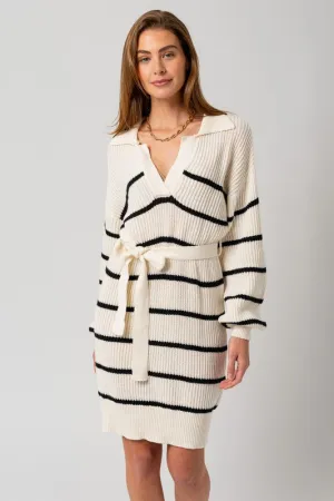 White-Black Stripe Long Sleeve Stripe Sweater Dress