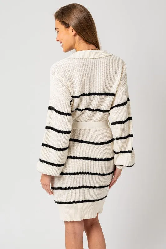 White-Black Stripe Long Sleeve Stripe Sweater Dress