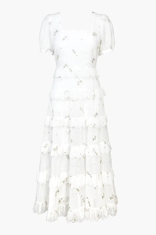 White Natasha Swiss Dot Emboridered Midi Dress