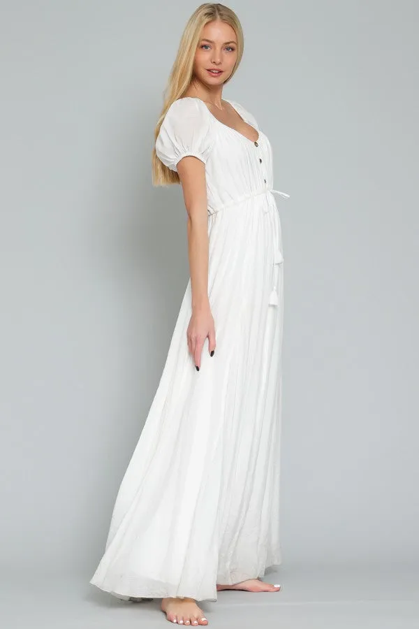 White Off Shoulder Short Sleeve Tie Front Waisted Maxi