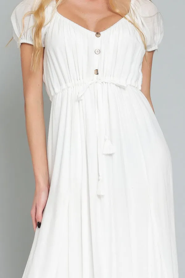 White Off Shoulder Short Sleeve Tie Front Waisted Maxi