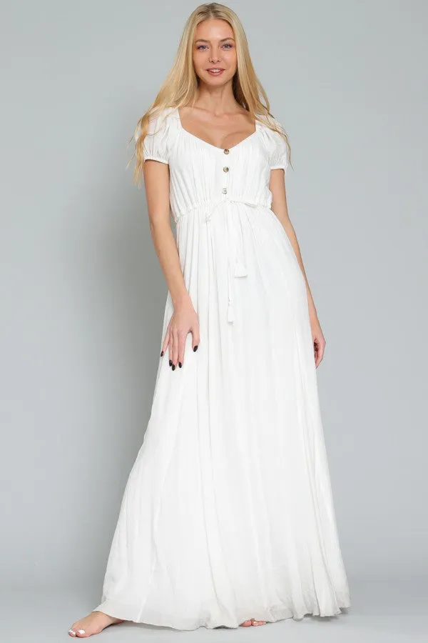 White Off Shoulder Short Sleeve Tie Front Waisted Maxi