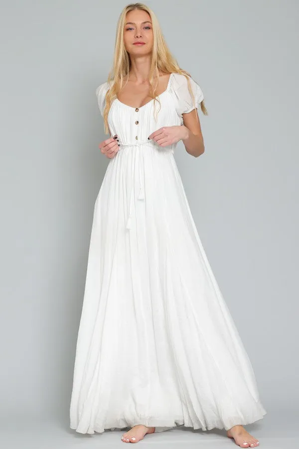 White Off Shoulder Short Sleeve Tie Front Waisted Maxi