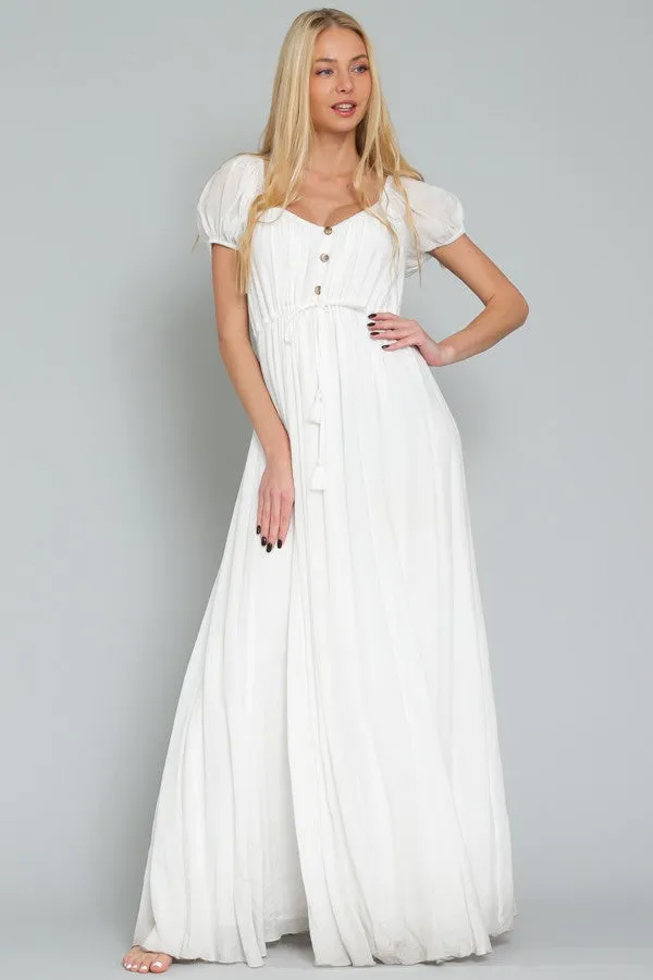 White Off Shoulder Short Sleeve Tie Front Waisted Maxi