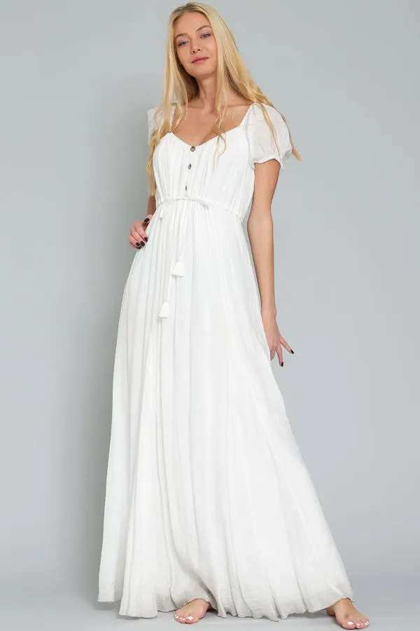 White Off Shoulder Short Sleeve Tie Front Waisted Maxi