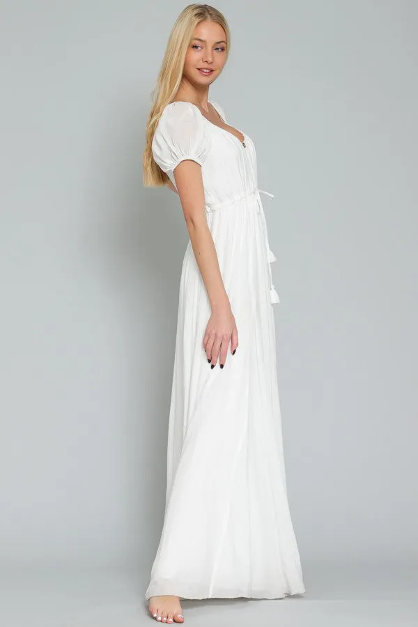 White Off Shoulder Short Sleeve Tie Front Waisted Maxi