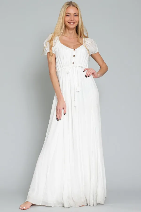 White Off Shoulder Short Sleeve Tie Front Waisted Maxi