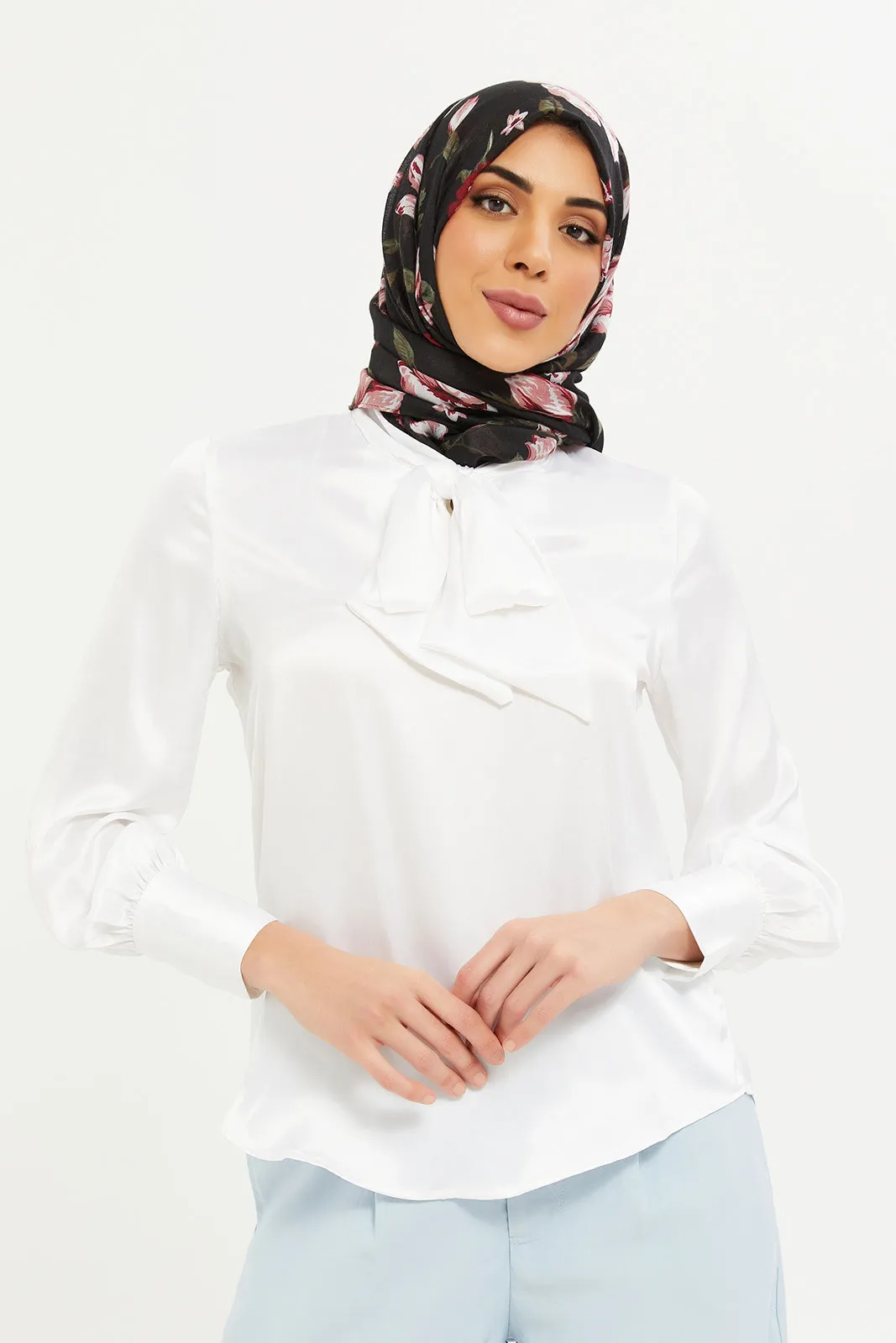 Women Ivory Satin Tie Neck Blouse