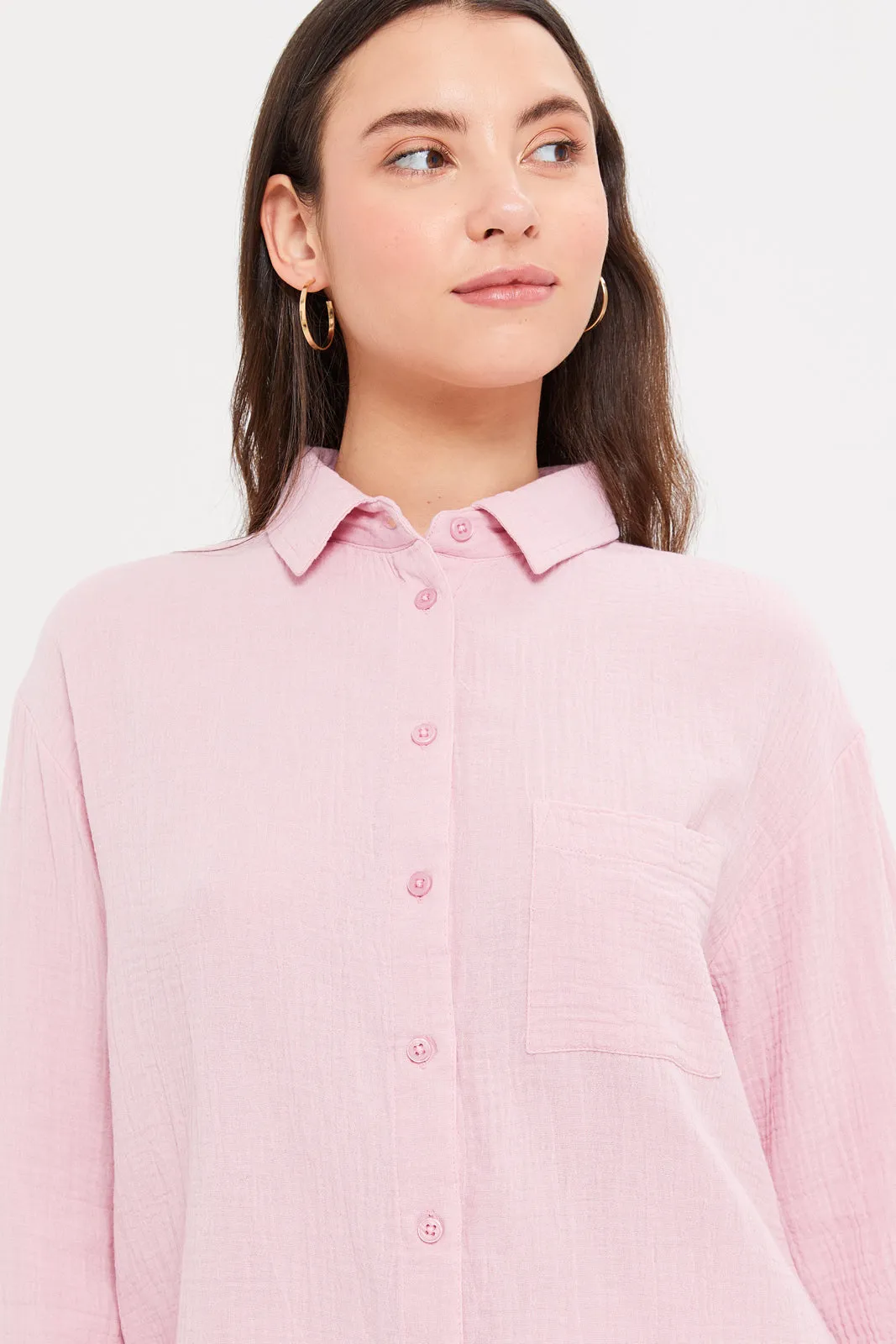 Women Pink Collared Casual Shirt