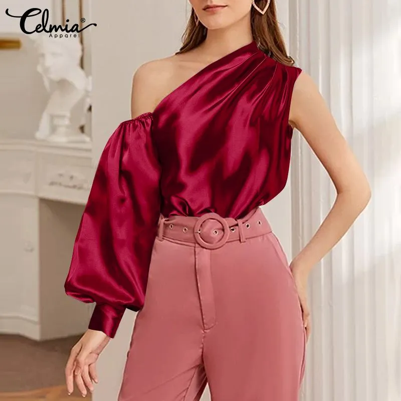 Women Satin Blouse 2022 Elegant Sexy One Shoulder Tops Fashion Lantern Sleeve Summer Asymmetrical Casual Party Shirts