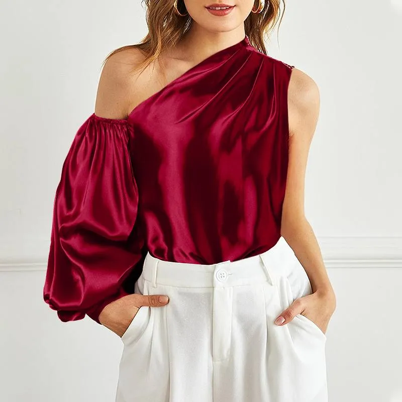 Women Satin Blouse 2022 Elegant Sexy One Shoulder Tops Fashion Lantern Sleeve Summer Asymmetrical Casual Party Shirts