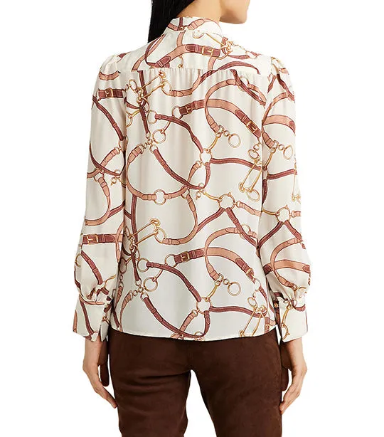 Women's Belting-Print Georgette Tie-Neck Blouse Cream Multi