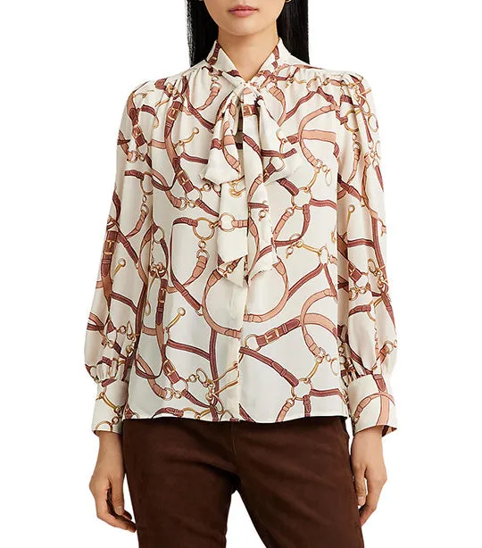 Women's Belting-Print Georgette Tie-Neck Blouse Cream Multi