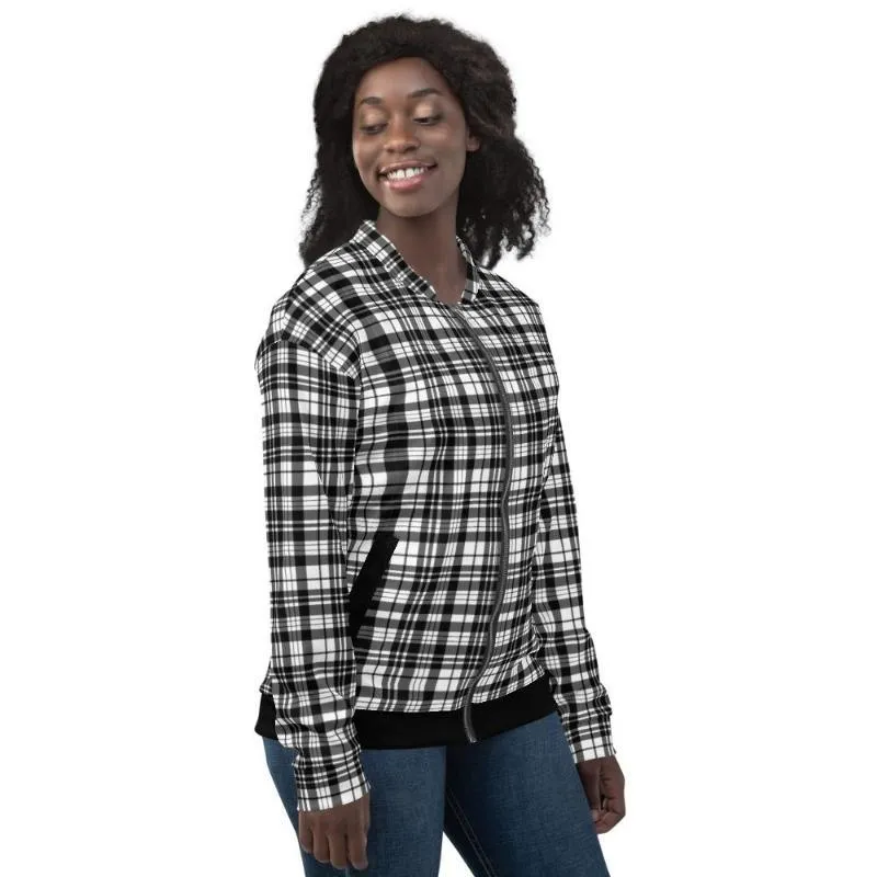 Womens Bomber Jacket, Black & White Plaid Style