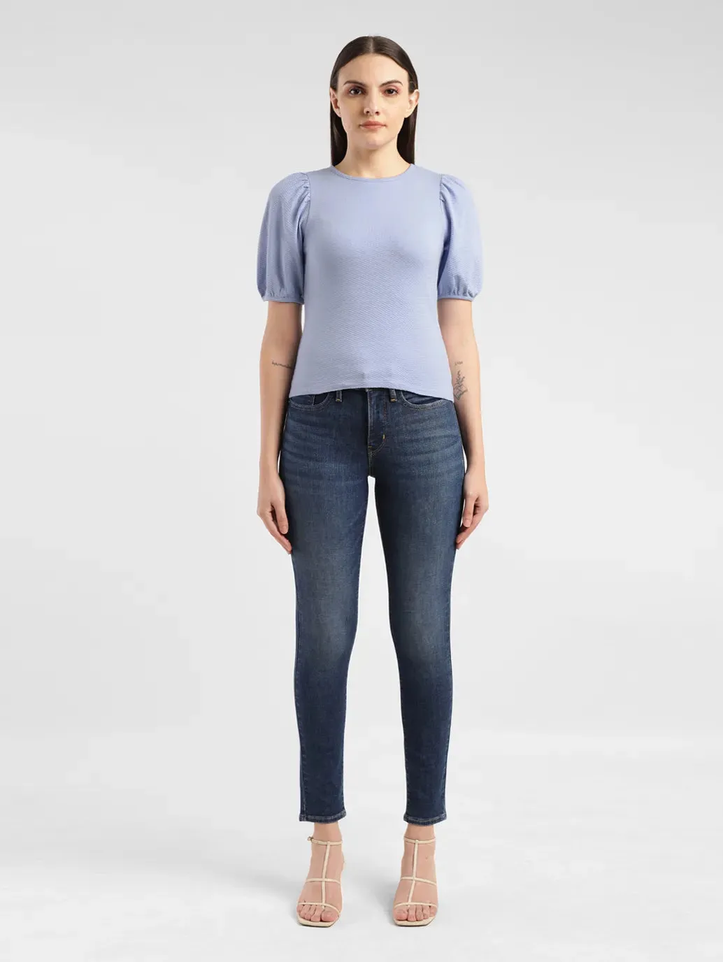 Women's Textured Blue Round Neck Top