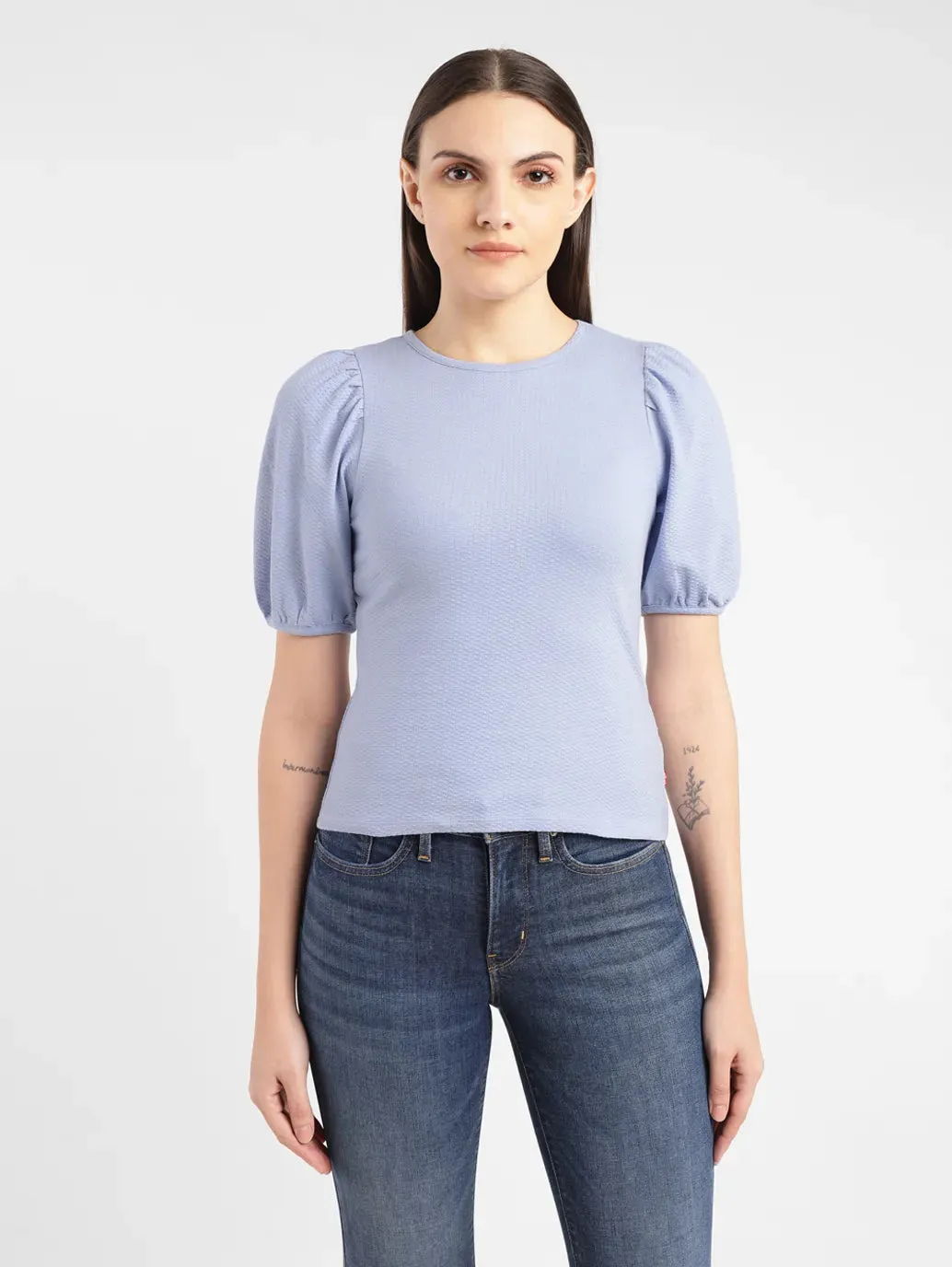 Women's Textured Blue Round Neck Top