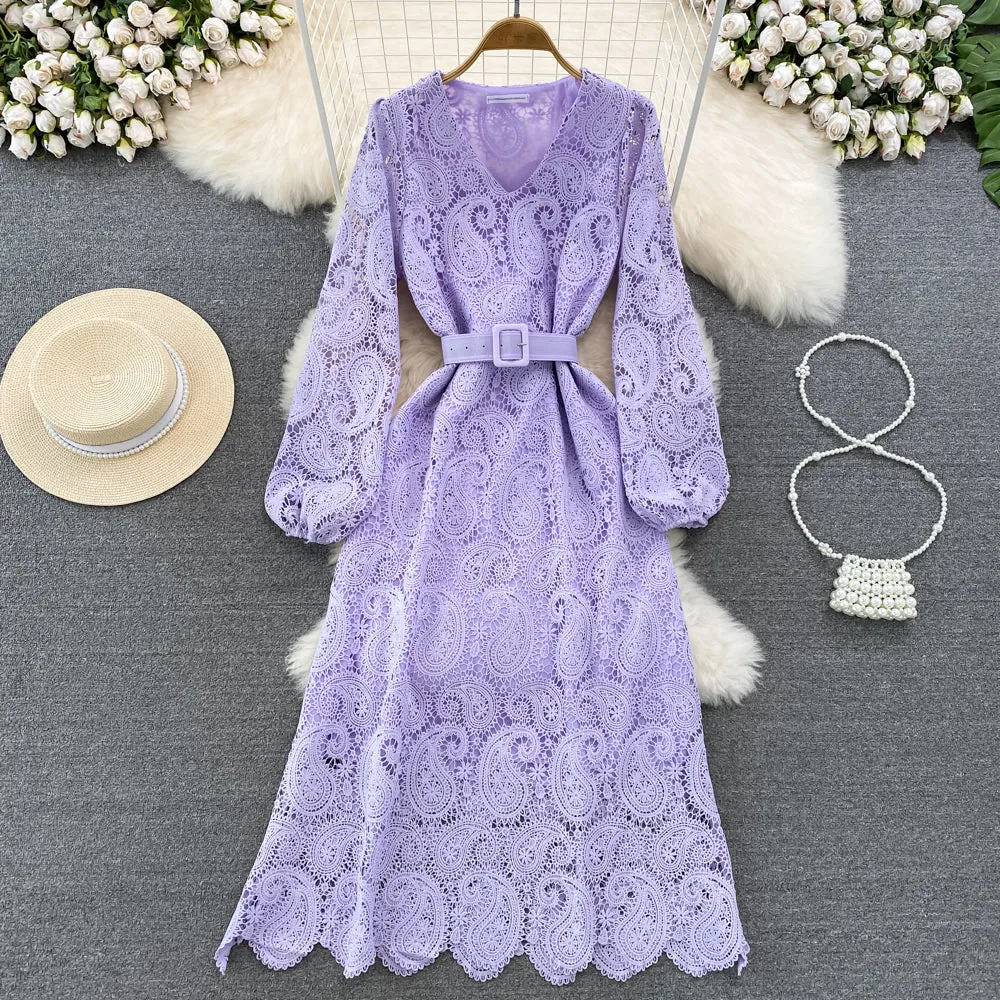 Women's V-neck Lantern Sleeve A-line Lace Dress 337