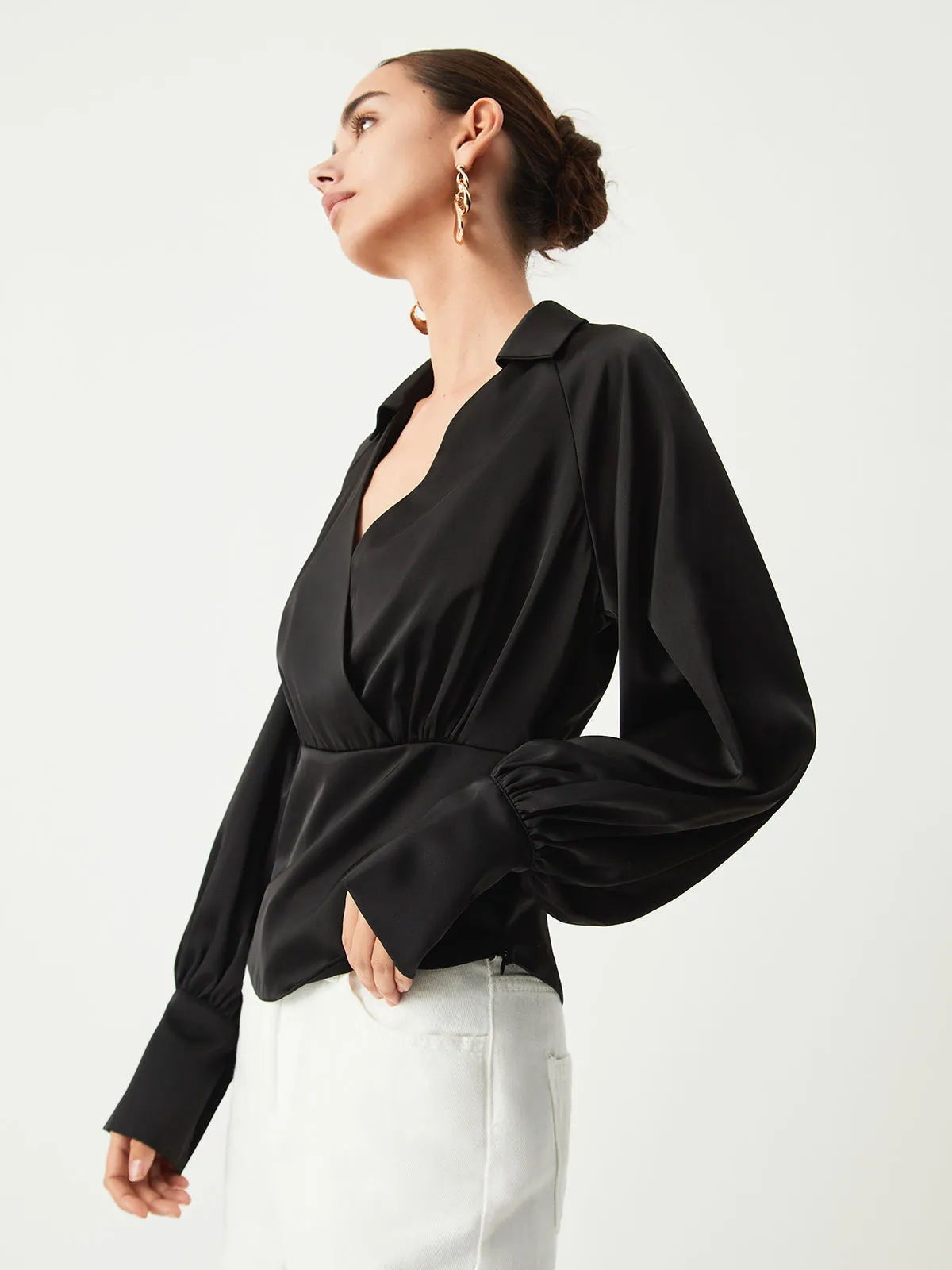 Wrap Open Collar Trendy Satin Long Sleeve Blouse