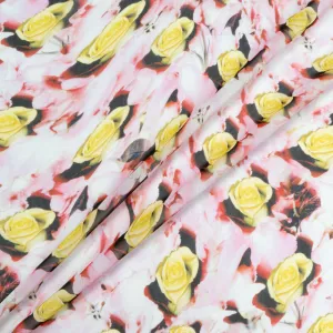 Yellow Rose Printed Red & Black Silk Georgette